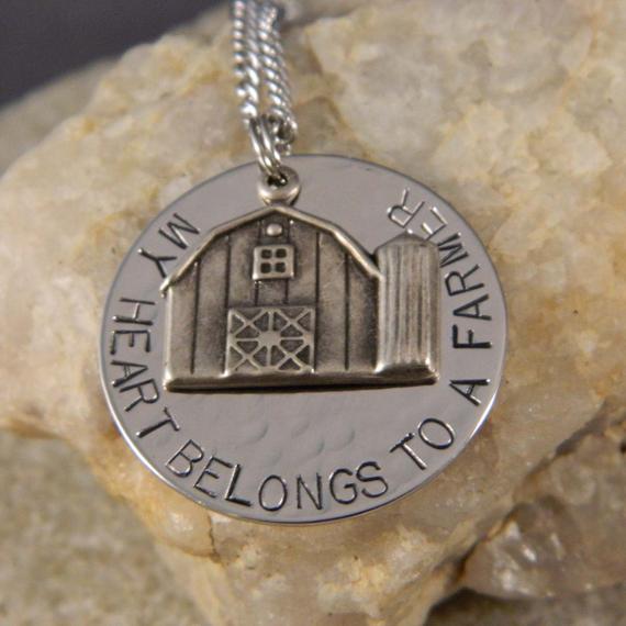My Heart Belongs to a Farmer Handstamped Necklace with Barn
